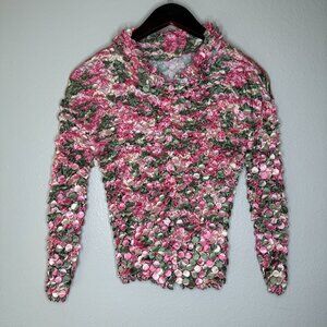 PRICE FIRM Vintage Y2K 00s Pink Floral Button Down Scrunchy Stretchy Popcorn Top